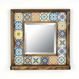 Nástenné zrkadlo s poličkou a dreveno-kamenným rámom 32.5x33 cm - Wallity