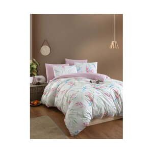 Biele/ružové obliečky na dvojlôžko/predĺžené s plachtou/4-dielne 200x220 cm Leaves – Mila Home