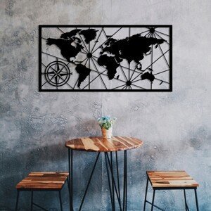 Nástenná kovová dekorácia Mapa sveta kompas 100x50 cm čierna