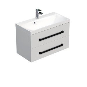 Kúpeľňová skrinka s čiernou úchytkou a umývadlom SAT Cube Way 80x71x40 cm biela lesk lesk/mat CUBE2C80ZBL