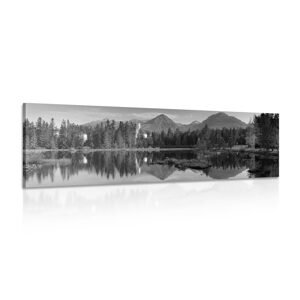 Obraz nádherná panoráma hôr pri jazere v čiernobielom prevedení