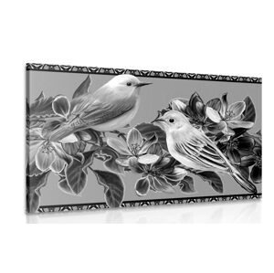 Obraz čiernobiele vtáčiky a kvety vo vintage prevedení