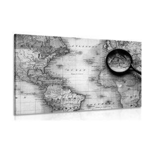 Obraz čiernobiela mapa sveta s lupou