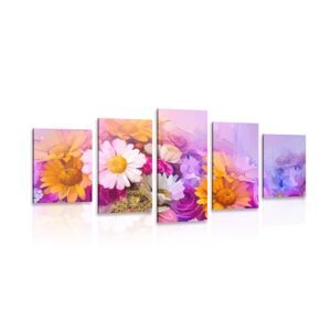 5-dielny obraz olejomaľba pestrofarebných kvetov