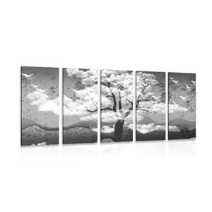 5-dielny obraz čiernobiely strom zaliaty oblakmi