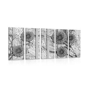 5-dielny obraz abstraktné kvety na mramorovom pozadí v čiernobielom prevedení