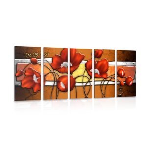 5-dielny obraz červené vlčie maky a makovice