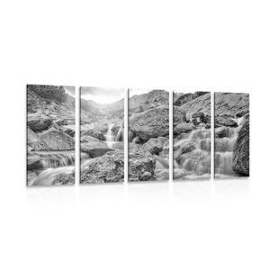 5-dielny obraz vysokohorské vodopády v čiernobielom prevedení