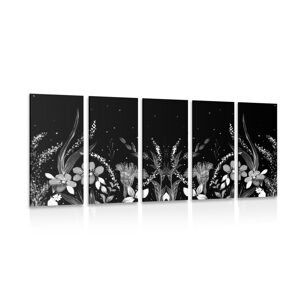 5-dielny obraz s kvetinovým ornamentom v čiernobielom prevedení