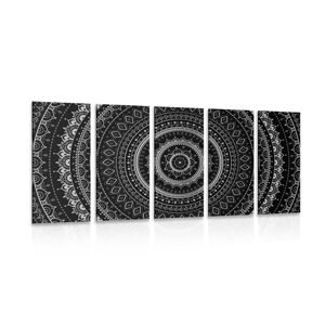 5-dielny obraz Mandala so vzorom slnka v čiernobielom prevedení
