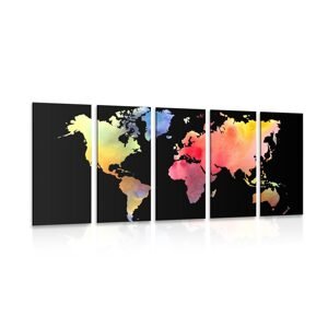5-dielny obraz mapa sveta v akvarelovom prevedení na čiernom pozadí