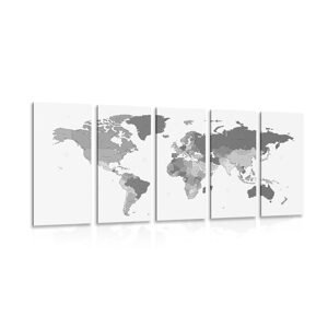 5-dielny obraz detailná mapa sveta v čiernobielom prevedení