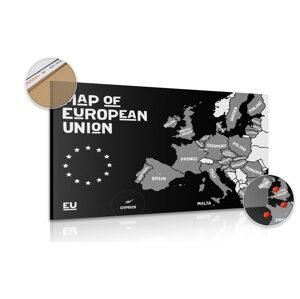 Obraz na korku náučná mapa s názvami krajín európskej únie v čiernobielom prevedení