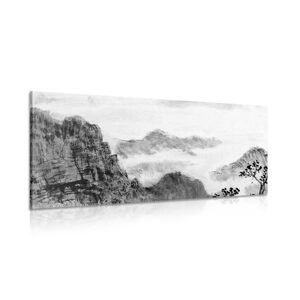 Obraz čínska krajina v hmle v čiernobielom prevedení
