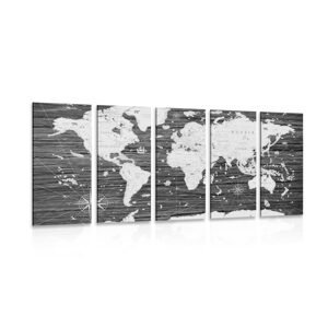 5-dielny obraz čiernobiela mapa na drevenom pozadí