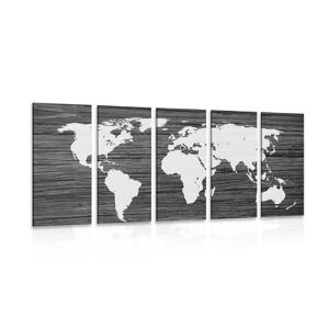 5-dielny obraz mapa sveta na dreve v čiernobielom prevedení