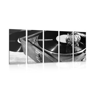 5-dielny obraz gramofón s vinylovou platňou v čiernobielom prevedení