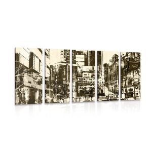 5-dielny obraz abstraktná panoráma mesta v sépiovom prevedení