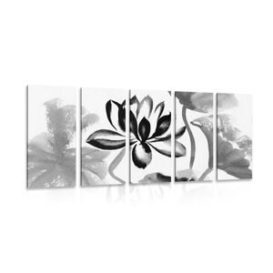 5-dielny obraz akvarelový lotosový kvet v čiernobielom prevedení