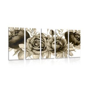 5-dielny obraz okúzľujúca kombinácia kvetov a listov v sépiovom prevedení