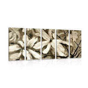 5-dielny obraz rozkvitnutý akvarelový strom v sépiovom prevedení