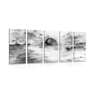 5-dielny obraz západ slnka pri mori v čiernobielom prevedení
