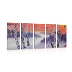 5-dielny obraz brezový háj pri západe slnka