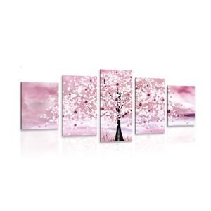 5-dielny obraz volavky pod magickým stromom v ružovom prevedení