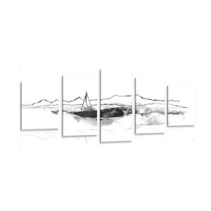 5-dielny obraz jachta na mori v čiernobielom prevedení