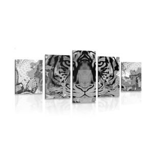 5-dielny obraz tigria hlava v čiernobielom prevedení