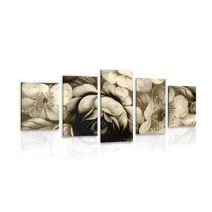 5-dielny obraz impresionistický svet kvetín v sépiovom prevedení