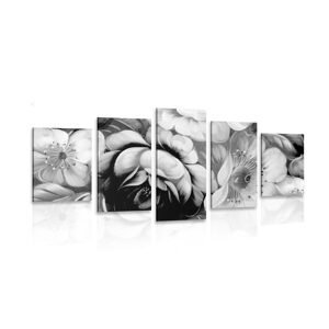 5-dielny obraz impresionistický svet kvetín v čiernobielom prevedení