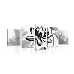 5-dielny obraz akvarelový lotosový kvet v čiernobielom prevedení