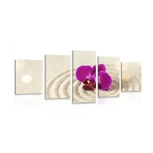 5-dielny obraz piesočnatá Zen záhrada s fialovou orchideou