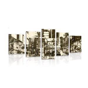 5-dielny obraz abstraktná panoráma mesta v sépiovom prevedení