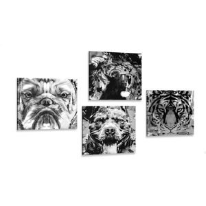 Set obrazov zvieratá v čiernobielom prevedení pop art štýlu