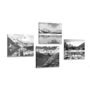 Set obrazov očarujúce horské krajiny v čiernobielom prevedení