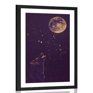Plagát s paspartou vlk v splne mesiaca