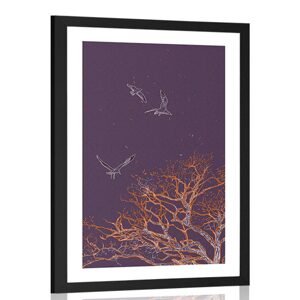 Plagát s paspartou prelet vtákov nad stromom