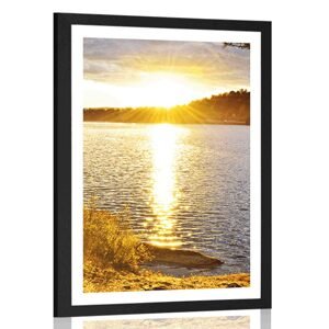 Plagát s paspartou západ slnka nad jazerom