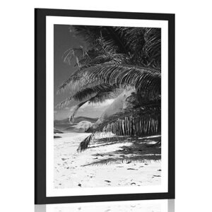 Plagát s paspartou krásy pláže Anse Source v čiernobielom prevedení