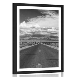 Plagát s paspartou čiernobiela cesta v púšti