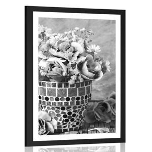 Plagát s paspartou kvety karafiátu v mozaikovom črepníku v čiernobielom prevedení