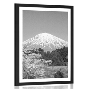 Plagát s paspartou hora Fuji v čiernobielom prevedení
