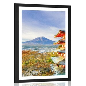 Plagát s paspartou výhľad na Chureito Pagoda a horu Fuji