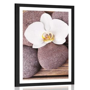Plagát s paspartou wellness kamene a orchidea na drevenom pozadí