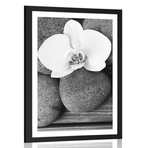 Plagát s paspartou wellness kamene a orchidea na drevenom pozadí v čiernobielom prevedení