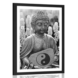Plagát s papsartou jin a jang Budha v čiernobielom prevedení