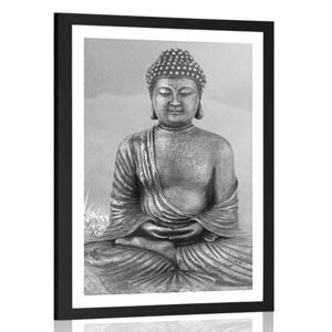 Plagát s paspartou socha Budhu v meditujúcej polohe v čiernobielom prevedení