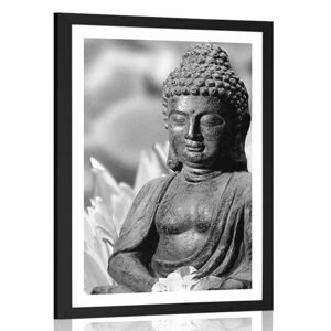 Plagát s paspartou pokojný Budha v čiernobielom prevedení